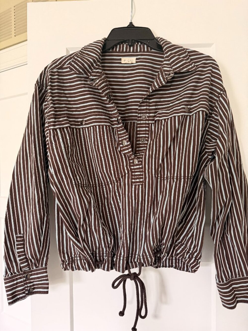 Pilcro Anthropologie Brown Striped Drawstring Utility Blouse Top Small